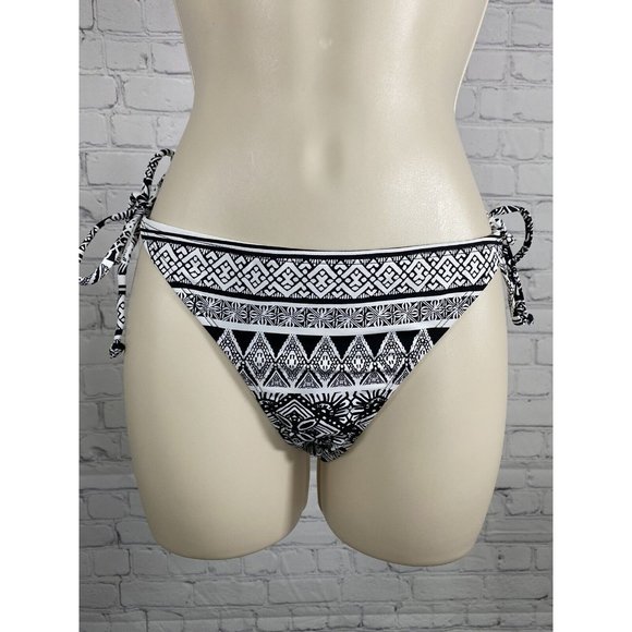 NWT Ardene Basic Collection Black White Aztec Floral Side Tie Swimsuit Bottoms M - Picture 1 of 9